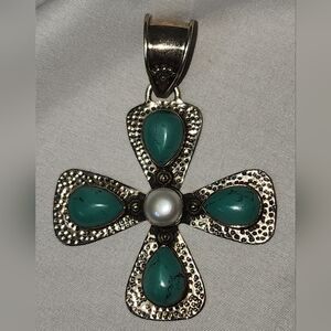Sterling Silver Cross Pendant, Turquoise stones & Pearl Center